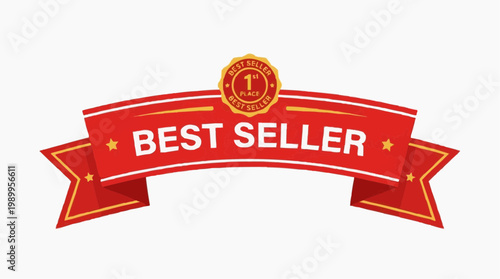 A red and gold best seller ribbon banner with a number one seal on a white background