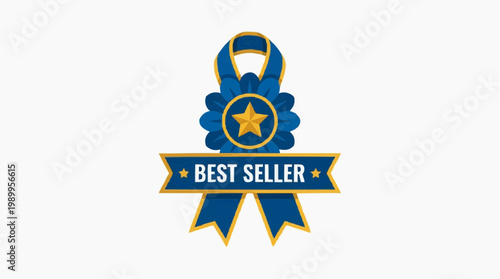 A blue and gold best seller ribbon icon with a star and rosette design