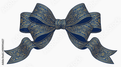 A beautifully designed blue and gold ribbon bow with intricate patterns and swirls, perfect for decoration or gift wrapping.