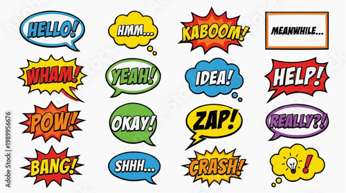 A colorful collection of comic book speech bubbles and thought clouds in various shapes and sizes