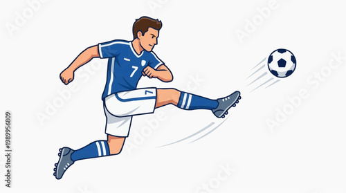 A vector graphic illustration of a soccer player kicking a ball in mid-air with motion lines
