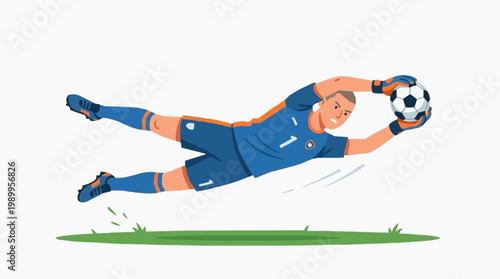 A soccer goalkeeper diving to catch a ball in mid-air with a green grassy field below him