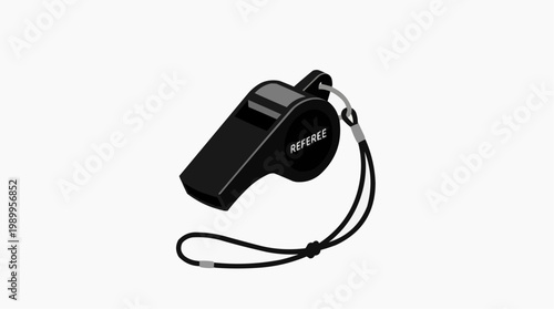 A black referee whistle with a lanyard on a white background