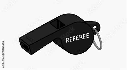 A black referee whistle with a keychain on a white background