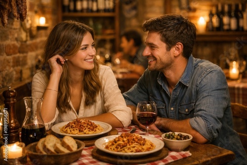 Paar beim romantischen Pastaabend in rustikaler Trattoria
Junges Paar mit Pasta und Rotwein in einer gemütlichen Trattoria bei warmem Kerzenlicht.
