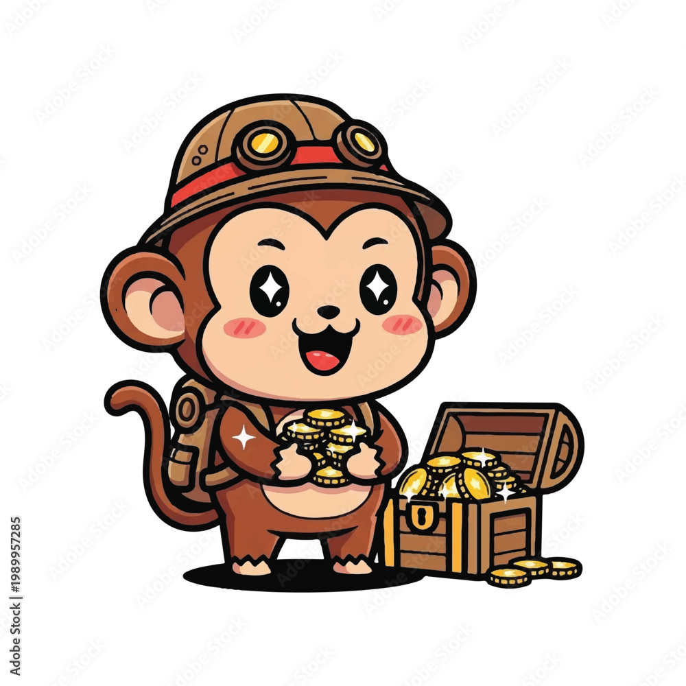 Fototapeta premium Monkey Holding Gold Coins Treasure.