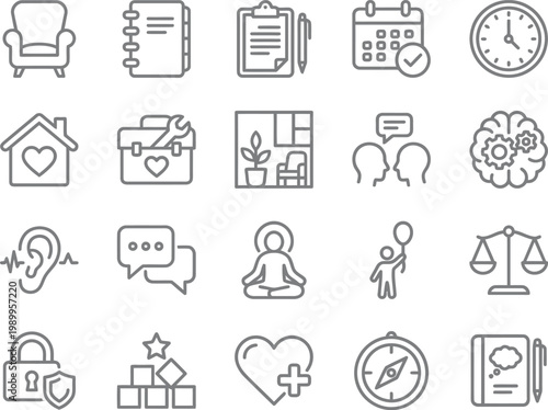 Minimalist icons representing various aspects of daily life and organization