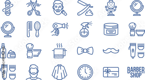 Various blue icons related to barber tools and grooming on a white background