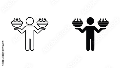 Food service delivery worker icon holding bowls of food in outline and solid black silhouette style for restaurant and catering business branding