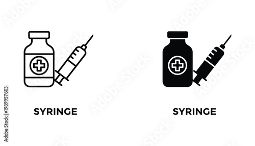 Medical vaccine syringe and medicine bottle icon in outline and solid black silhouette style for healthcare and vaccination campaign design