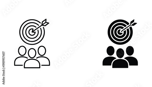 Business team goal achievement and target marketing strategy icon set in flat vector illustration style for corporate branding and professional communication design
