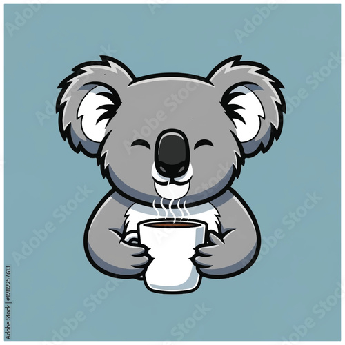 Smiling Koala Holding Coffee Mug.