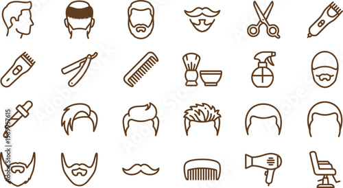 Brown icons of hairstyles, facial hair, and barber tools on a white background