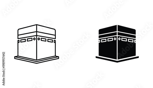 Kaaba cube structure icon set for Hajj and Umrah pilgrimage themes isolated on white background