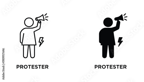 Protester holding megaphone icon set for social activism and public demonstration concepts