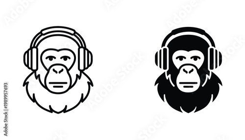 Monkey character wearing headphones icon set featuring stylized primate face with audio gear in outline and solid black style for music tech