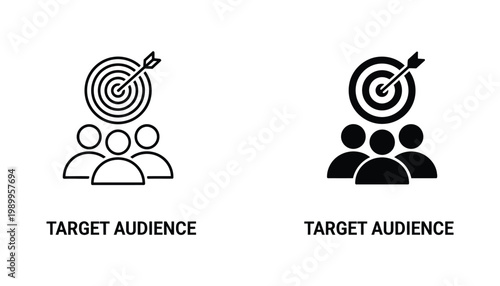 Target audience marketing strategy icon set featuring group of people and dartboard target in outline and solid black style for business growth