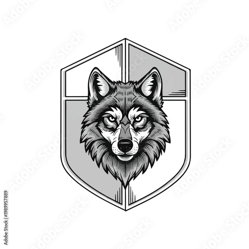 Wolf head on shield emblem logo.