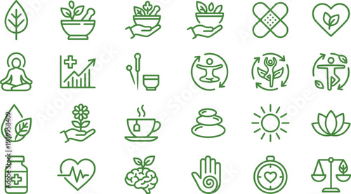 Green line icons representing eco-friendly and healthy lifestyle concepts, wellness and sustainability symbols.
