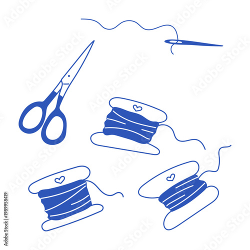 Blue sewing kit set with threads, scissors and needle. Craft and embroidery icons.