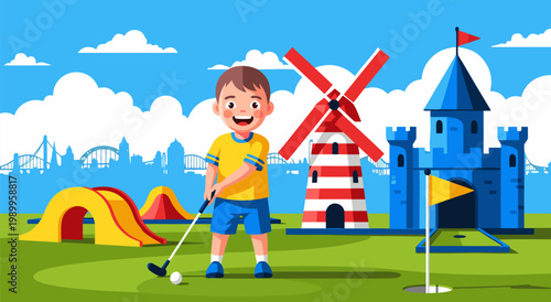 Cheerful vector illustration of a young boy playing golf in a miniature golf park with a windmill and castle structures under a blue sky