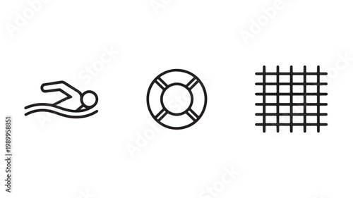 Pool Activity Icon Set with Swimming Equipment Water Sports and Summer Recreation Graphics