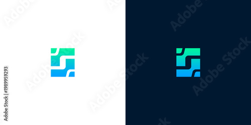 Konstfotografi Modern abstract digital tech logo design, digital square icon with blue and gree
