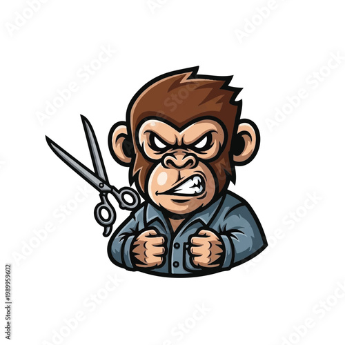 Angry monkey with scissors in hand.