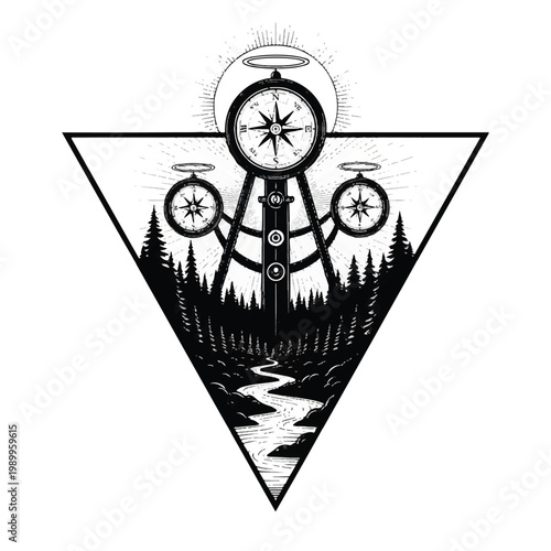 Black and white compass illustration.