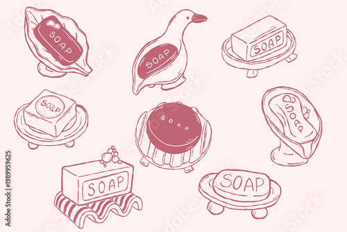 Soap set collection with bars dish holder and dispenser in hand drawn doodle style for bathroom branding and packaging