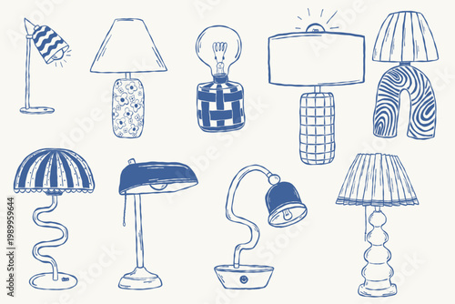 Lamp set collection with table lamps light bulbs and decor lighting in hand drawn doodle style for interior design and home decor