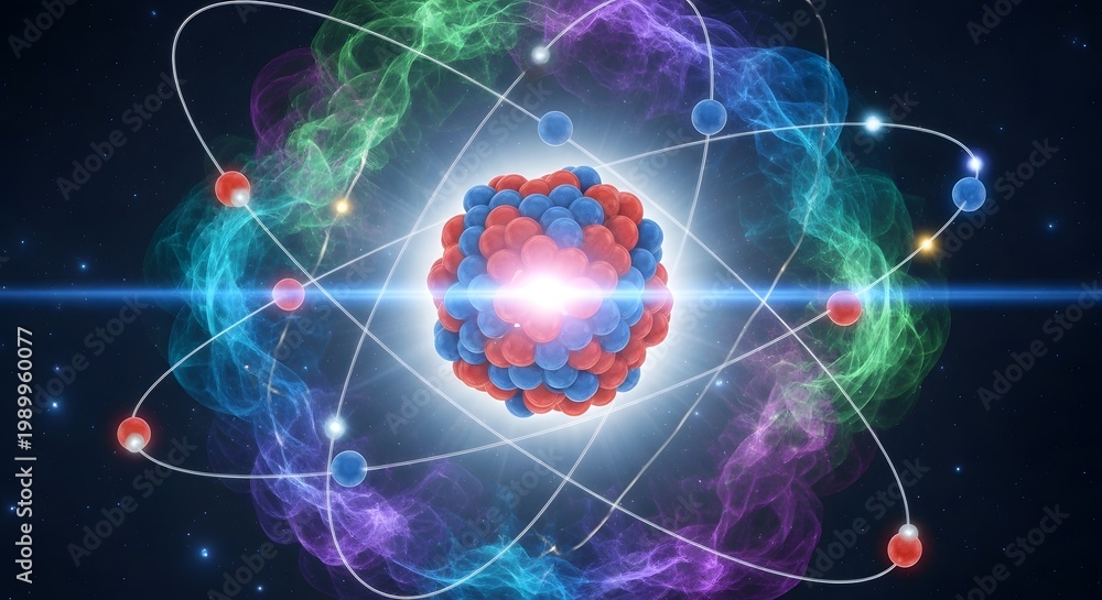 Naklejka premium Vibrant atomic structure with colorful electron orbits in space