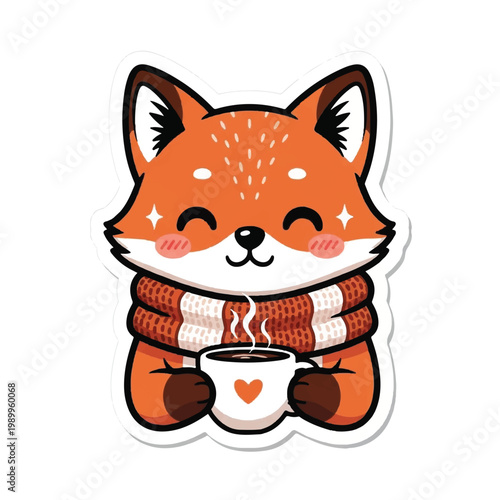 Cute cartoon fox with scarf holding coffee.