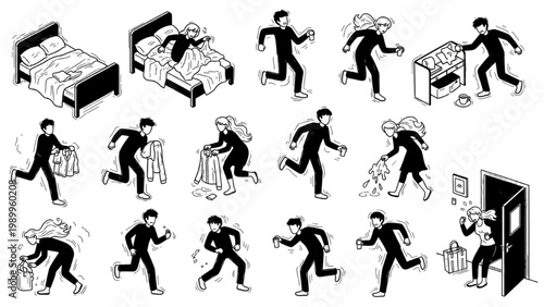 Isometric Morning Oversleep Chaos System Human Activity Vector Set – Rushing Silhouette Figures in Wobbly Sketch Line Style, Isolated White Background