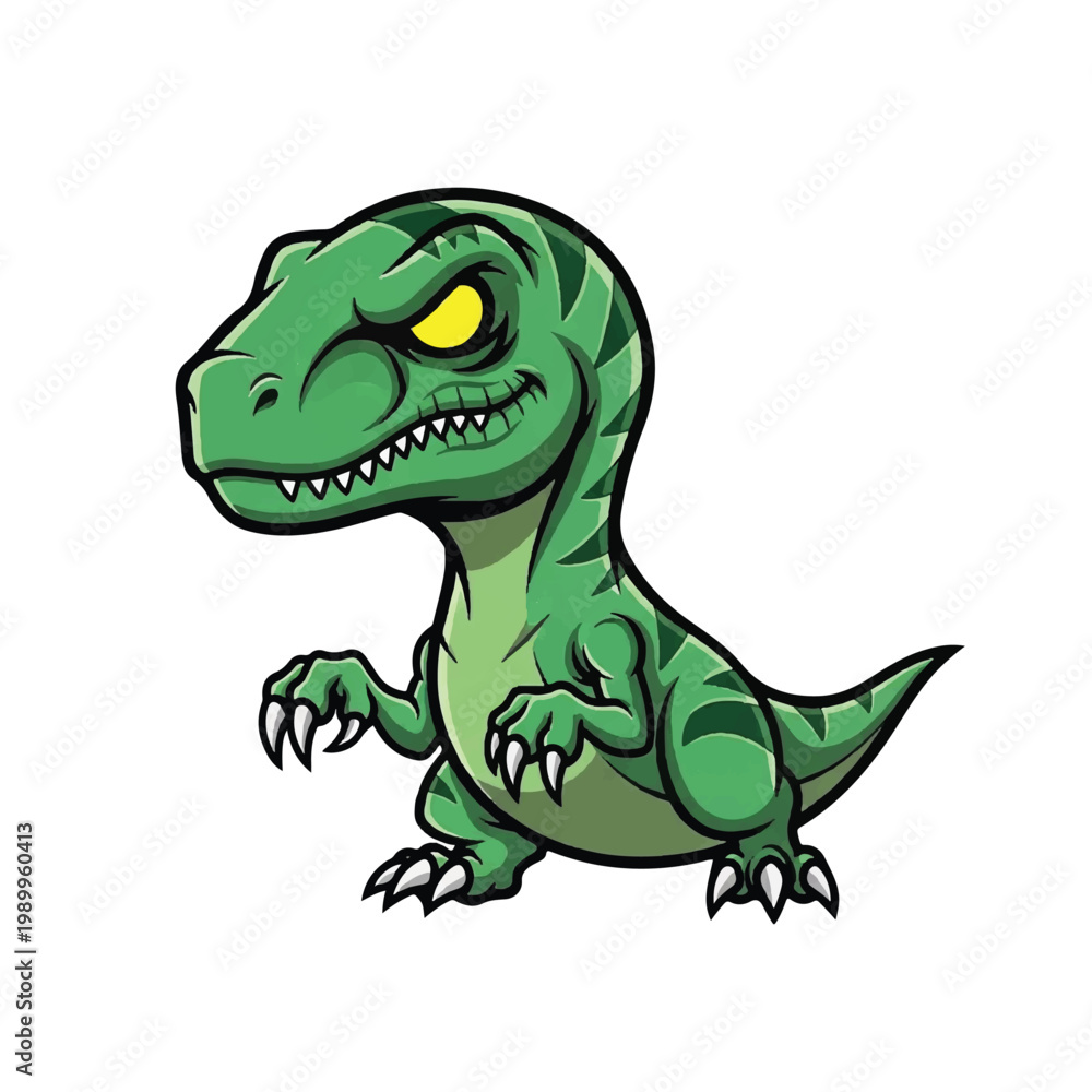 Fototapeta premium Green cartoon dinosaur with sharp teeth.