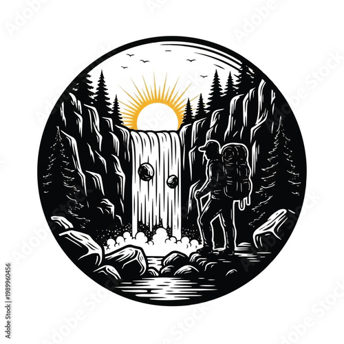 Hiker standing by waterfall at sunrise.