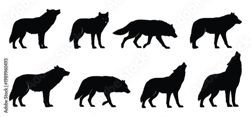 Wolf silhouettes collection diverse poses and forms in black