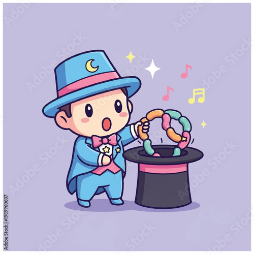 Magician pulling colorful snake out hat.