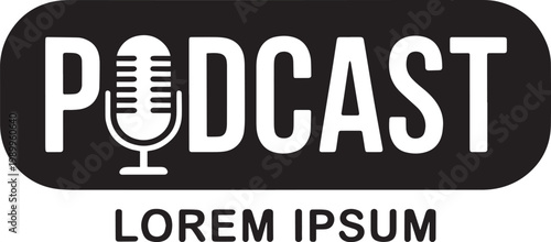 Podcast logo with microphone symbol on black background and white text
