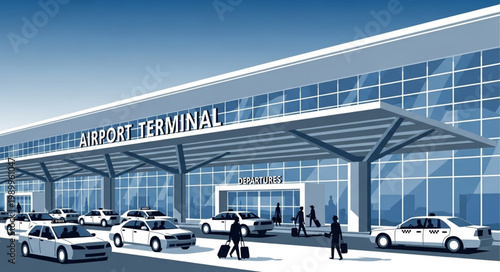 Modern Airport Terminal Building Exterior With Cars and People.
