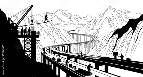 Construction of a massive elevated highway curving through mountainous terrain with workers and cranes.