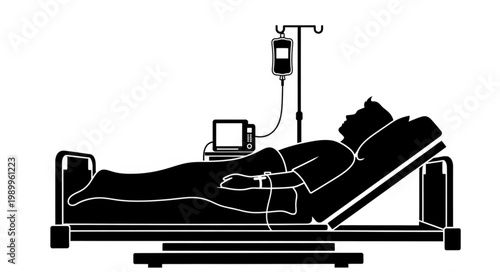 Patient in Hospital Bed with IV Drip and Monitor.