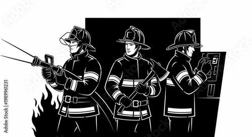 Three Firefighters in Uniform Ready for Action.