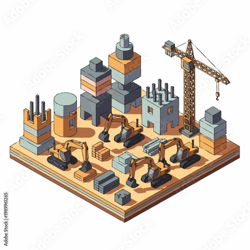 Construction Site Miniature Scene with Excavators and Crane.