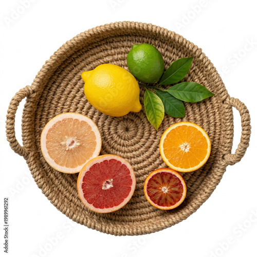 Woven basket with sliced citrus fruits and leaves on white