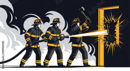 Firefighters bravely battling a blaze with water hose and axe.