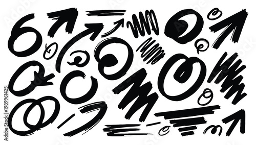 Abstract black scribble collection arrows circles and lines