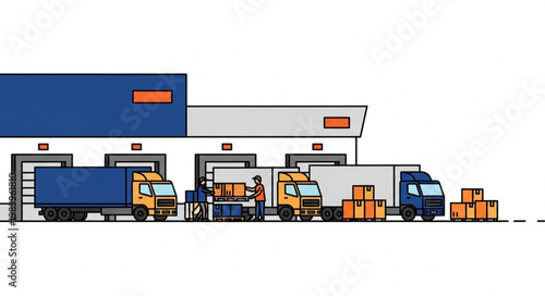 Logistics Warehouse With Trucks and Boxes.