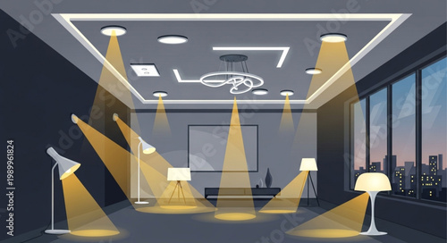 Modern interior design with multiple light sources illuminating the space.