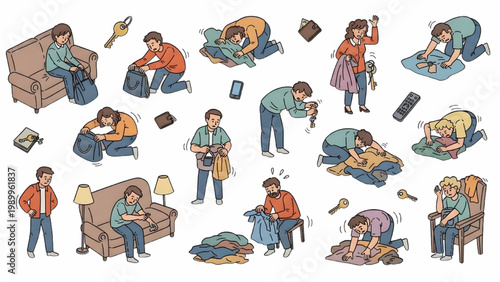 Top View Daily Struggle of Losing Keys Vector Set – Human Activity Workflow Scene in Messy Imperfect Doodle Style, Isolated White Background